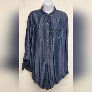 Jones New York L Lightweight Denim Button Down Top Shirt Ties At Waist